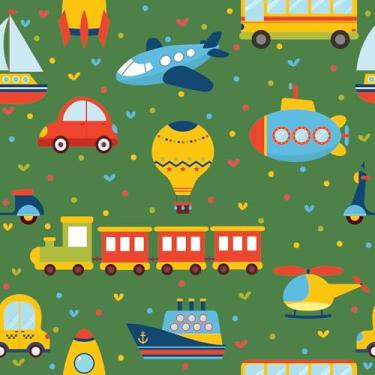 Imagem de VaryFloral Papel de parede verde com desenho animado de carros, trem helicóptero, barco, foguete, ônibus, papel de parede para crianças, meninos, quarto, decorativo, desenho animado, transporte