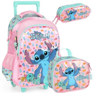Imagem de Kit Mochila De Rodinhas Stitch Disney Luxcel Ic41552Sc Rosa