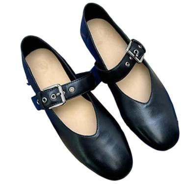 Imagem de French Retro One Strap Mary Jane Sapatos mocassins feitos à mão de couro genuíno minimalista preguiçoso elegante sapatos rasos femininos, Preto, 38