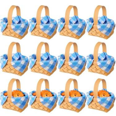 Imagem de Geelin 12 peças mini cestas de tecido com alças 20 folhas de guardanapos de papel guingão azul e branco com lascas de madeira, mini cestas de piquenique de frutas para casamento, aniversário, chá de