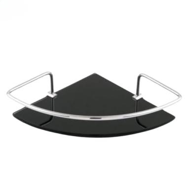 Imagem de Porta Shampoo de Canto, Prateleira Organizadora Cantoneira em Vidro Fumê Preto, Base de 29cm, Haste em Alumínio Polido, 6mm de Espessura