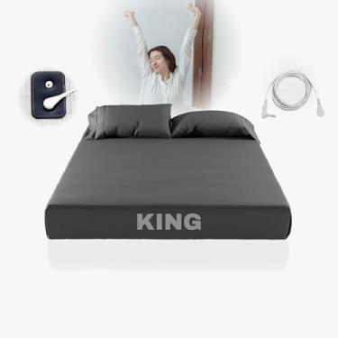 Imagem de Lençóis Queen BearGround com bolso profundo, 5% fibra de prata e 95% algodão orgânico, lençol com elástico para melhorar o sono (cinza escuro, King - 198 x 203 x 33 cm)