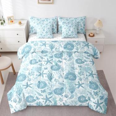 Imagem de Jogo de cama casal, com estampa de vida subaquática, concha, estrela-do-mar, coral e concha, lençol com elástico, lençol de cima, decoração de quarto de crianças, adolescentes e adultos