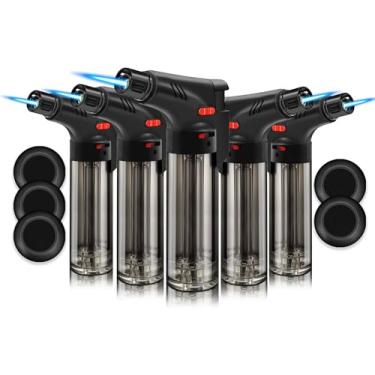 Imagem de WANBRO Pacote com 5 isqueiros, potente chama a jato à prova de vento, refil de gás butano, com trava de segurança, mini isqueiros de maçarico para velas, fogos de artifício (sem gás)