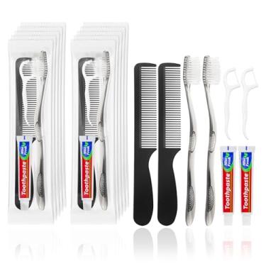 Imagem de LLHQAMT Escovas de dentes de viagem com pasta de dente, escovas de dentes descartáveis, kits de higiene a granel com palhetas de fio dental, pentes, embaladas individualmente, adequadas para casa