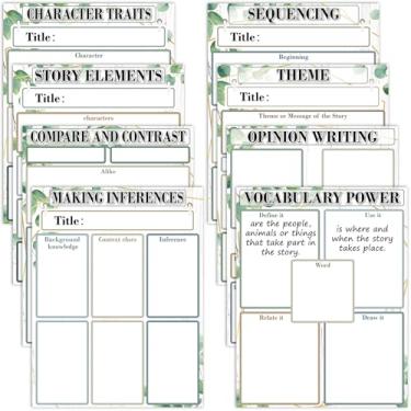 Imagem de Qyeahkj 8 peças de tabelas versáteis de ensino de literatura Eucalipto ELA para sala de aula, quadro branco, papel de ensino reutilizável para pré-escola, ensino fundamental, sala de aula, essencial