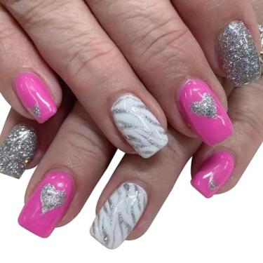 Imagem de RIICFDD Unhas postiças quadradas de comprimento médio Valentine com glitter prateado com glitter Love & Curve Cola em unhas de acrílico rosa, cobertura completa para mulheres, meninas, arte de unhas
