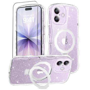 Imagem de MIODIK Capa compatível com iPhone 17 com protetor de tela, suporte integrado sem costura e proteção de câmera atualizada, [compatível com MagSafe] Capa de celular ondulada com glitter transparente