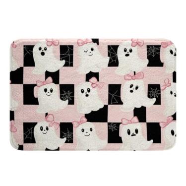 Imagem de Feelyou Happy Halloween Tapetes de microfibra 40,6 cm x 61 cm Cute Ghost Bow Tapete de banho antiderrapante branco rosa preto acessórios de banheiro teia de aranha capacho macio