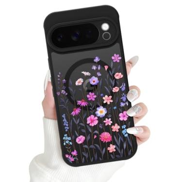Imagem de OOK Capa magnética adequada para Google Pixel 10 Pro XL de 6,8 polegadas (compatível com carregamento sem fio) TPU macio e capa de telefone de policarbonato rígido com flores florais capa de proteção