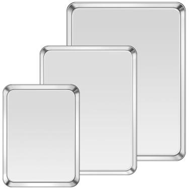 Imagem de CLRBEATTY Conjunto de 3 assadeiras, conjunto de assadeiras de aço inoxidável, assadeiras para assar, bandeja de biscoito para assar, resistente, fácil de limpar e pode ser lavada na lava-louças, 24/12