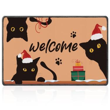 Imagem de InIsaJace Capacho de boas-vindas de Natal, tapete de porta de gato preto fofo, antiderrapante, conjunto de capachos laváveis de boas-vindas engraçados para entrada de casa (40 x 71 cm)