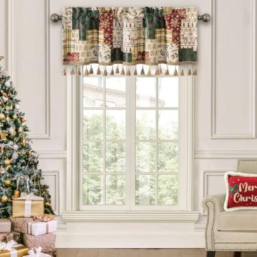 Imagem de Loom and Mill Saias de Natal para janela de sala de estar, cortina de janela de design de patchwork jacquard de chenille com borlas, cortina curta com bolso para haste, 1 painel para quarto e cozinha