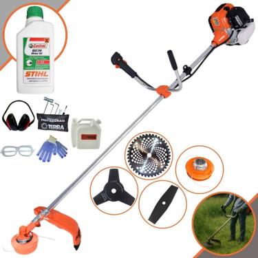 Imagem de Roçadeira Terra GR520XP 52cc 2,5HP Máquina de Corta Grama Com Carretel + Lâmina Facão + Lâmina 3 Pontas + Lâmina 40 Dentes Vídea + ÓLEO STIHL 2T + EPI