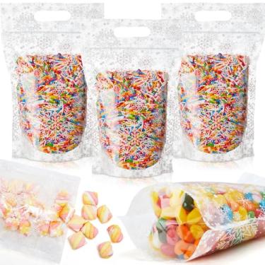 Imagem de Gersoniel 50 peças de sacos de presente de Natal seláveis de plástico branco floco de neve com alças para lembrancinhas de festa de Natal, doces, pequenos suprimentos de embrulho de presente decoração