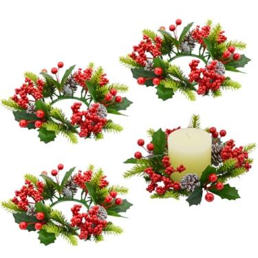Imagem de Bacucine 4 peças de anéis de vela de Natal, decorações de Natal com frutas vermelhas, pinhas e pinhas e guirlanda de pinheiro, suporte de vela para armário de casamento de Natal, lareira, mesa