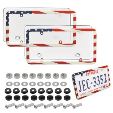 Imagem de Zinytrae Pacote com 2 capas de placa de carro e molduras, suporte de placa frontal e traseira transparente, protetor de moldura de placa de carro universal com kits de parafusos (moldura da bandeira