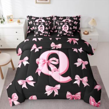 Imagem de Erosebridal Conjunto de cama Queen, com laço rosa, 7 peças, com estampa de letras personalizadas, com laço e laço fofo, para meninas, crianças, adolescentes, estilo princesa, rosa, monograma, preto