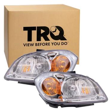 Imagem de TRQ Conjunto de conjunto de 2 peças de farol cromado para motorista e lado do passageiro compatível com Chevrolet Cobalt 2007-2009 Pontiac G5 2005-2010 com lâmpada de canto âmbar GM2502281 GM2502282