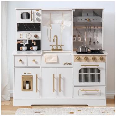 Imagem de Mini Cozinha Educativa de Madeira ROBUD para Crianças, com Máquina de Gelo, Cafeteira, Forno e Micro-ondas - Conjunto Completo de Utensílios