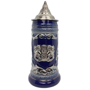 Imagem de 1 litro | OktoberfestHaus Caneca de cerveja Stein German Bayern Lion brasão de armas Bier Krug com emblema de metal na caneca de cerâmica azul cobalto com tampa Oktoberfest Caneca de cerveja