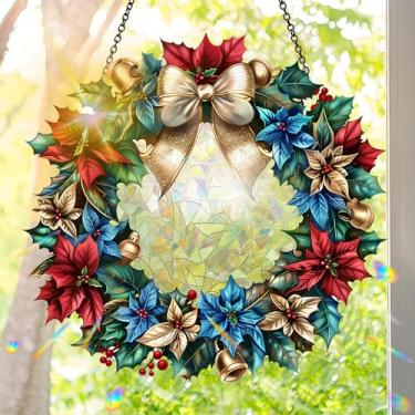 Imagem de Acrílico colorido Suncatcher, decoração de Natal com estilo vitral impresso, decoração de arte de parede Rainbow Maker, enfeites de Natal para janelas internas e externas com corrente 19,8 x 19,8 cm