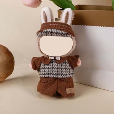 Imagem de Compatível com Labubu (sem boneca) - Conjunto de tweed marrom vintage (chapéu Houndstooth + colete + laço - top de destaque + shorts de veludo cotelê), roupas de boneca de 15 cm/17 cm (marrom)