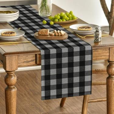 Imagem de Caminho de mesa xadrez búfalo preto e cinza, decoração de mesa de cozinha estilo fazenda, férias, festa de casamento, jantar, decoração de aniversário, 33 x 300 cm