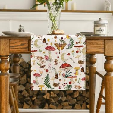 Imagem de Caminho de mesa de cogumelo moderno bege, decoração de mesa de jantar de cozinha botânica sazonal para decoração de festa em casa 33 x 182 cm