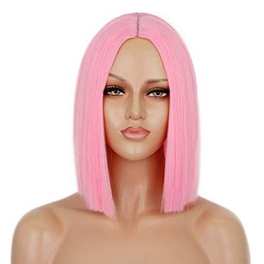 Imagem de ENTRANCED STYLES Peruca rosa sintética de cabelo liso na parte do meio do ombro para mulheres, peruca bob colorida moderna