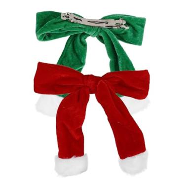 Imagem de 2 prendedores de cabelo femininos com laço de Natal para decoração de cabelo plissado macio clipe de primavera festivo elegante ornamento vermelho verde versátil para rabos de cavalo Updos