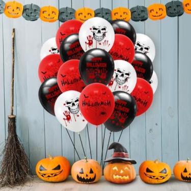 Imagem de Conjunto de balões Happy Halloween – 19 peças de 30 cm, estampa sangrenta, esqueleto, teia de aranha, balões de aniversário com tema de terror vermelho, preto, branco, para Halloween, festa na cena do