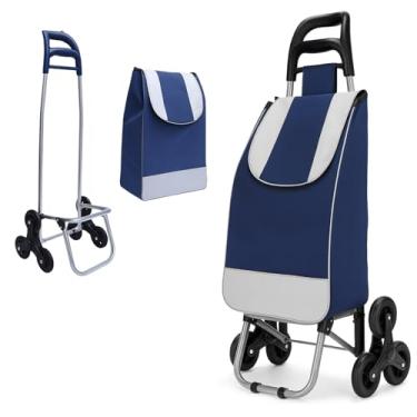 Imagem de Carrinho de Compras Dobrável para Feira, Supermercado, Praia, Camping, com Rodas Triplas que Sobem Escadas, Reforçado, Suporta até 30kg, Fácil de Montar e Desmontar (Azul)