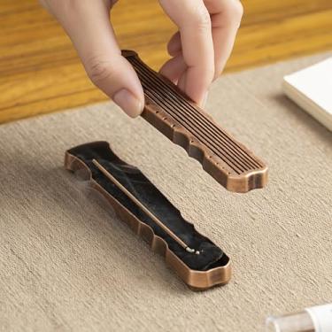 Imagem de Guqin Incenso de bronze para incenso em bastão e bobina com apanhador de cinzas para meditação e decoração de casa, cor cobre vermelho