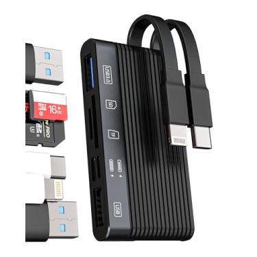 Imagem de Leitor de cartão SD USB C Lightning (6 em 1) adaptador de cabo de carregamento para iPhone 16 15 14 USB 3.0 2.0 Dual Port Micro SD TF Flash Drive Transferência de memória compatível com Samsung