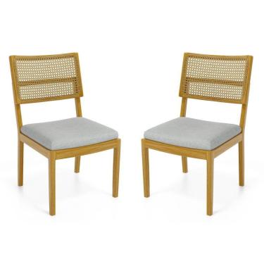 Imagem de Kit Com 2 Cadeiras Milena Madeira Maciça Assentos Estofados Encostos De Tela Palha Sextavada Linho Cinza 407