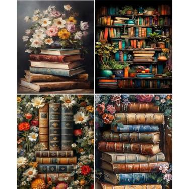 Imagem de Kit de pintura por números para adultos e crianças iniciantes, pacote com 4 kits de pintura de flores por números em tela, kit de pintura de artista por número, tintas acrílicas para pintura a óleo