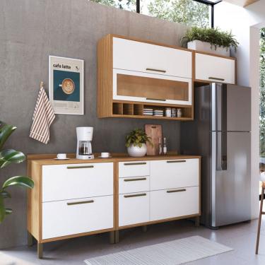 Imagem de Armário de Cozinha com Balcão e Tampo 5 Portas 5 Gavetas Pérola 100% Mdf Vidro Reflecta Amêndoa/Branco - Pnr Móveis