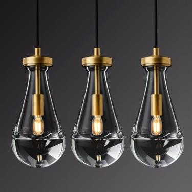 Imagem de Conjunto de 3 luminárias pendentes de gota de chuva para ilha de cozinha, luminárias suspensas douradas, luz pendente de vidro de latão sólido transparente, lustres modernos para escadas, sala de