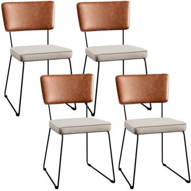 Imagem de Kit 04 Cadeiras Estofada L02 Couríssimo Camel Linho Cru