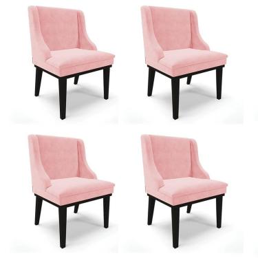 Imagem de Kit 4 Cadeiras Estofadas Para Sala De Jantar Base Fixa De Madeira Preto Lia Suede Rosa Bebê - Ibiza
