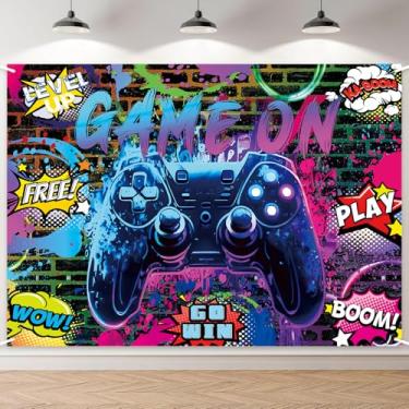 Imagem de BeyiTop Jogo de fundo de festa – Faixa de fundo de aniversário de videogame de 1,5 x 0,9 m para meninos, crianças, adolescentes, tema neon para controle de jogadores, suprimentos de festa, decoração