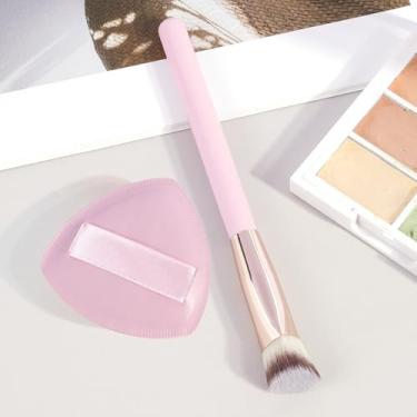 Imagem de Pincéis de maquiagem corretivo de precisão angular pincéis de maquiagem para creme, líquido, pó com puff de maquiagem, rosa e dourado