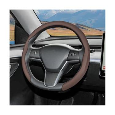 Imagem de Sandfren Capa de volante de couro Nappa para carro, protetor de volante antiderrapante 5D moderno de 38 cm, acessórios de decoração de interiores automotivos respiráveis, universal para veículos (café