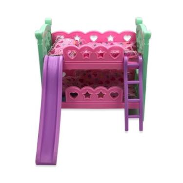 Imagem de Berço de Boneca com Escorregador, Cama Beliche Infantil Rosa e Roxo, Decorativo com Corações e Estrelas, Brinquedo para Meninas