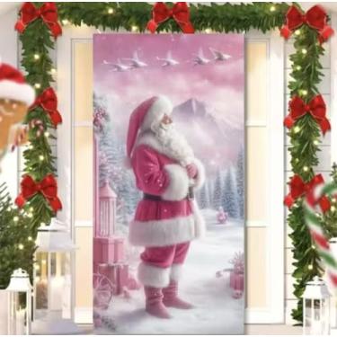 Imagem de Capa para Porta Feliz Natal Rosa com Elástico – Painel Decorativo Feliz Papai Noel Tecido Premiun (2,10 Cms X 0,85 Cms) (30)