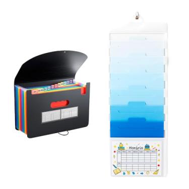 Imagem de Kit Pasta Sanfonada A4 com 12 Divisórias + Organizador de Documentos Pendurável 6 Bolsos Removíveis, Expandível, 36x88 cm, Arquivos, Escritório, Escola, Casa e Organização (Preto e Azul)