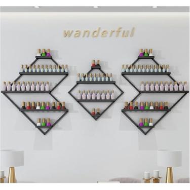 Imagem de Rack de exibição poligonal de esmalte, prateleiras de armazenamento de esmalte de parede de metal, organizadores de óleo essencial para salão de beleza de spa em casa (preto)