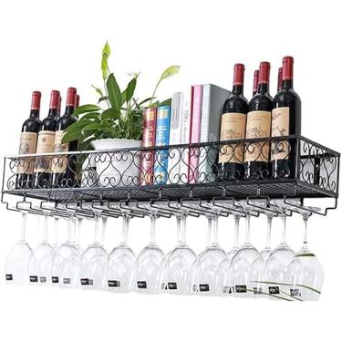 Imagem de Prateleiras de vinho de metal vintage montadas na parede, suporte flutuante de vidro de vinho para garrafa de vinho, suporte de taças, prateleira de parede, organizador de armazenamento, preto