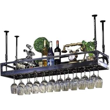 Imagem de Prateleiras de vinho de teto, suporte de copo de vinho suspenso de altura ajustável, suportes de garrafa de vinho montados na parede, balcão de bar, suporte de cálice para pendurar (cor: preto